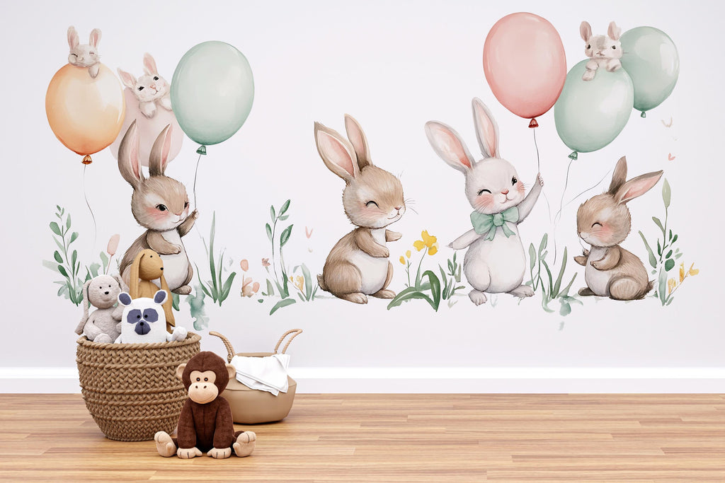 Bunny Wall Decal Nursery, Cute Rabbit Wall Sticker, Woodland Nursery Wall Art, Baby Room Wall Decor, Kids Room Animal Wall Decal, 010gm