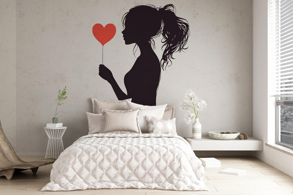 Woman Silhouette Wall Decal Heart, Romantic Wall Art Sticker, Modern Woman Wall Decor, Bedroom Wall Decal, Minimalist Wall Art, 011gm