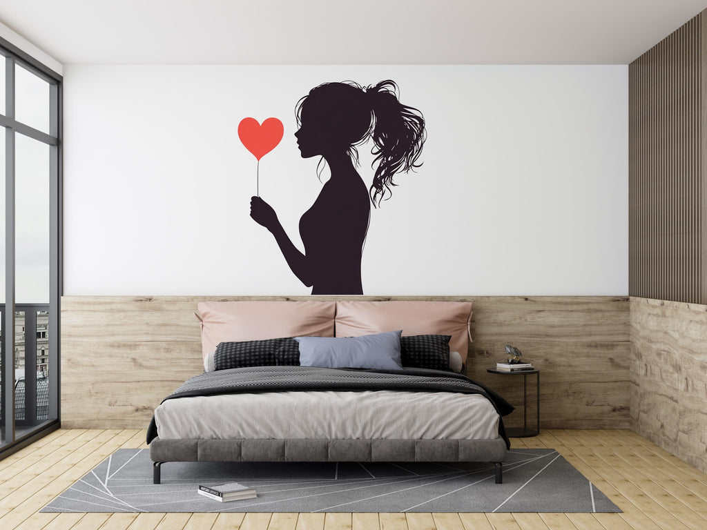 Woman Silhouette Wall Decal Heart, Romantic Wall Art Sticker, Modern Woman Wall Decor, Bedroom Wall Decal, Minimalist Wall Art, 011gm