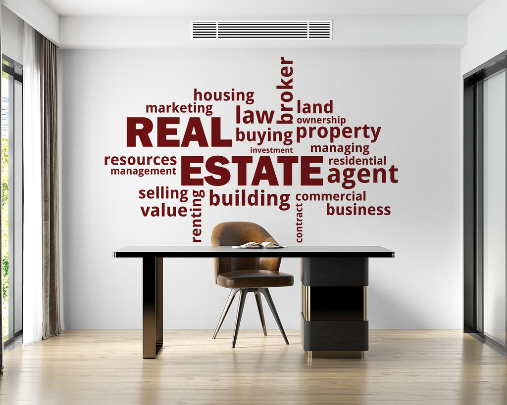 Real Estate Vinyl Wall Decal, Agent Realtor Broker Agency Office Idea Window Business Decor Art Sticker Mural, Real Estate word cloud 764LU