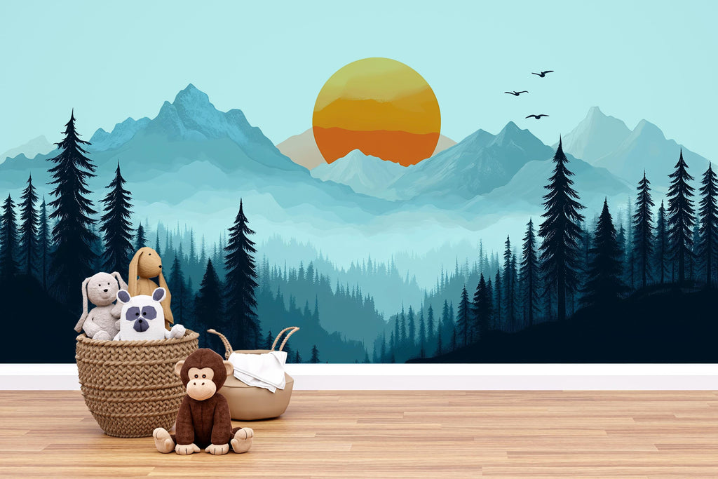 Mountain Forest Wall Decal, Sunset Wall Sticker, Nature Wall Art, Mountain Wall Decor, Panorama Wall Decal, Modern Landscape Wall Art, 016gm