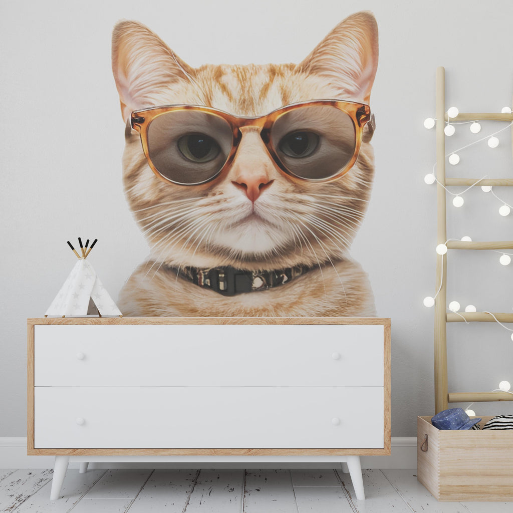 Cat Wall Decal With Glasses, Funny Cat Wall Sticker, Cool Cat Wall Art, Animal Wall Decor, Cat Lover Gift, Modern Pet Wall Decor, 017gm