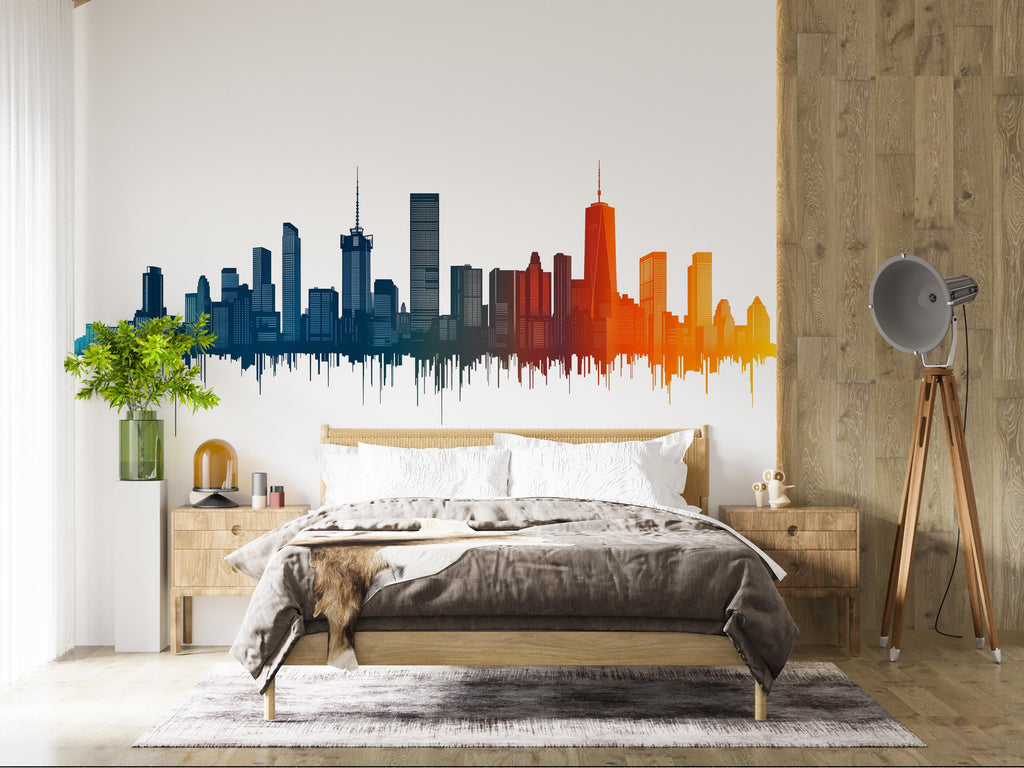 City Skyline Wall Decal, Modern City Wall Art, Skyline Wall Sticker, Urban Wall Decor, Cityscape Wall Decal, Modern Bedroom Wall Art, 018gm