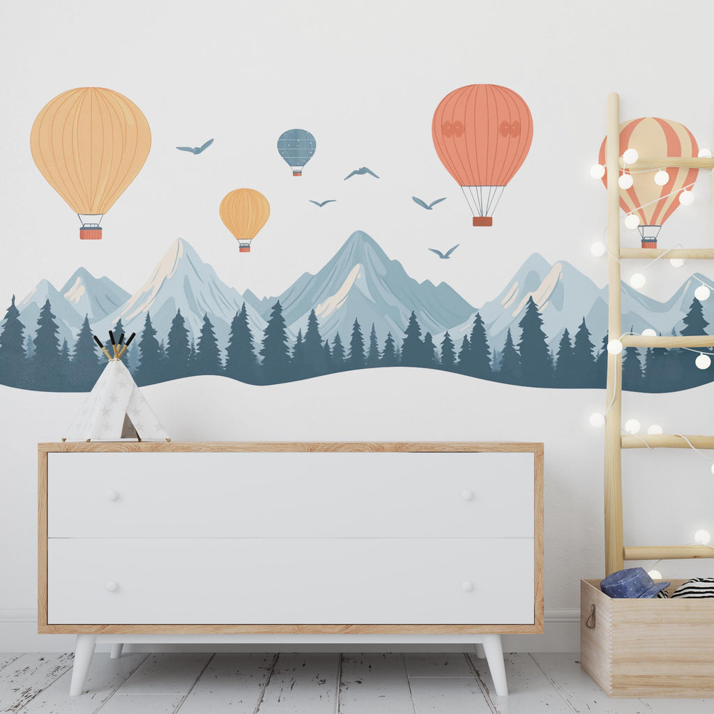 Mountain Nursery Wall Decal, Hot Air Balloon Wall Sticker, Kids Wall Decal, Nursery Wall Art, Adventure Decor, Mountain Wall Decor, 020gm