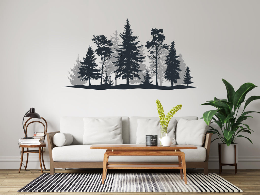 Evergreen Forest Wall Decal – Pine Tree Landscape – Teal & Navy Blue Silhouette Art – Nature Mural – Modern Woodland Decor 765LU