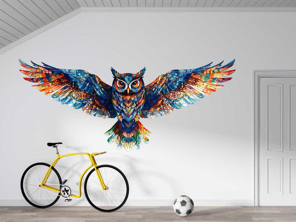 Colorful Owl Wall Decal, Flying Owl Wall Art, Owl Wall Sticker, Modern Animal Wall Decor, Rainbow Owl Wall Art, Wildlife Wall Decal, 037gm