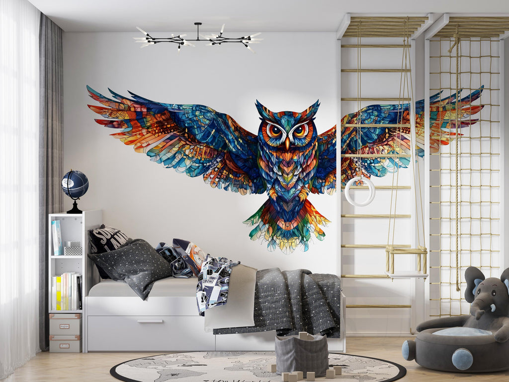Colorful Owl Wall Decal, Flying Owl Wall Art, Owl Wall Sticker, Modern Animal Wall Decor, Rainbow Owl Wall Art, Wildlife Wall Decal, 037gm