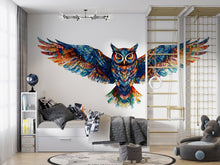 Load image into Gallery viewer, Colorful Owl Wall Decal, Flying Owl Wall Art, Owl Wall Sticker, Modern Animal Wall Decor, Rainbow Owl Wall Art, Wildlife Wall Decal, 037gm