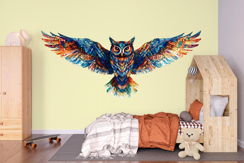 Colorful Owl Wall Decal, Flying Owl Wall Art, Owl Wall Sticker, Modern Animal Wall Decor, Rainbow Owl Wall Art, Wildlife Wall Decal, 037gm