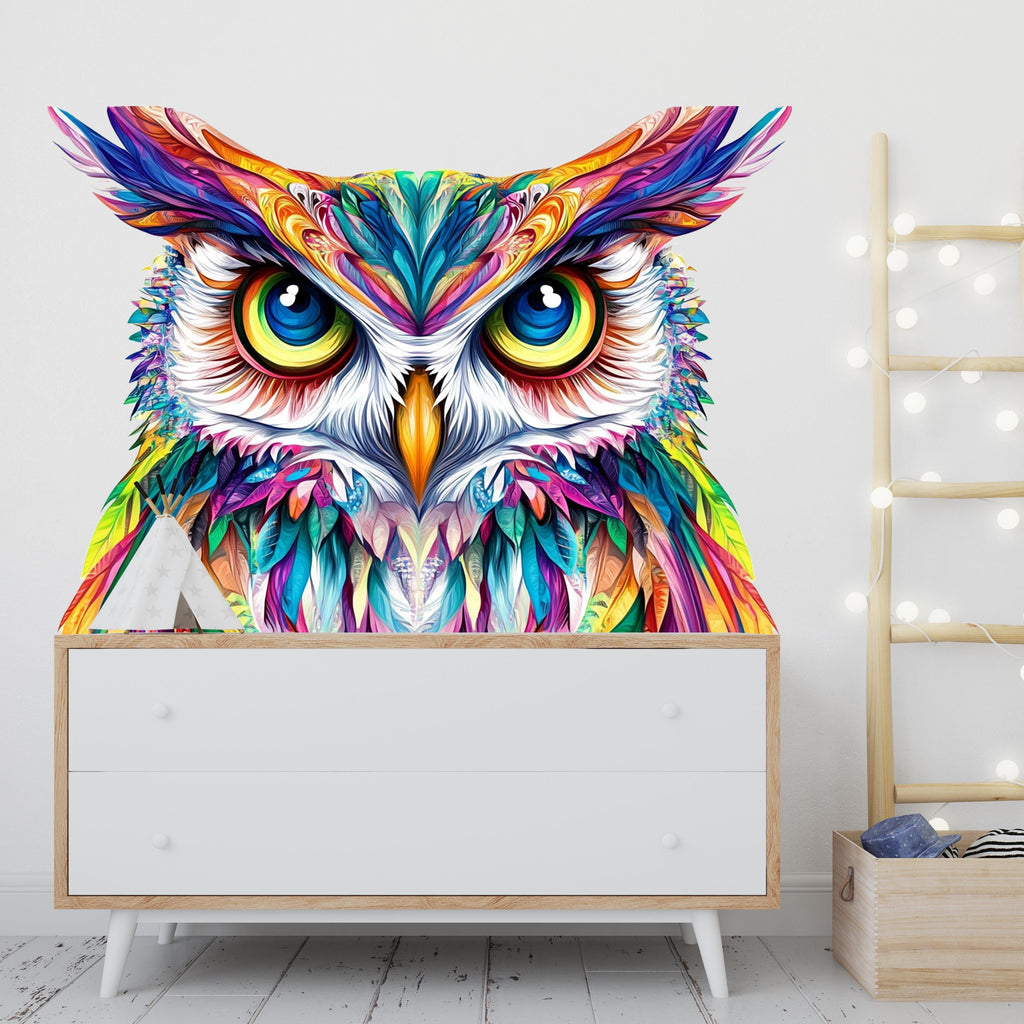 Colorful Owl Wall Decal, Owl Wall Sticker, Large Owl Wall Art, Kids Room Wall Decal, Nursery Animal Wall Decor, Boho Owl Mural, 038gm