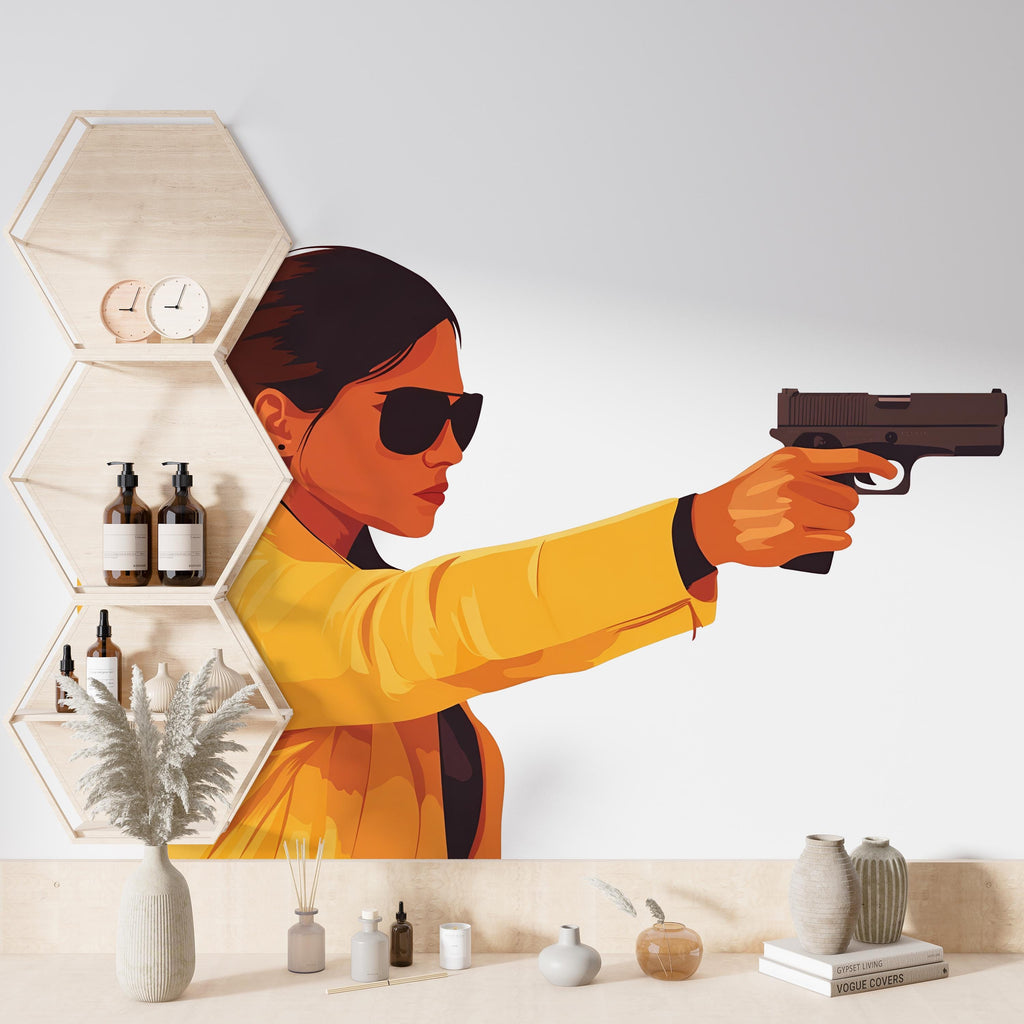 Action Woman Wall Decal, Movie Style Wall Sticker, Female Action Wall Art, Modern Pop Art Wall Decal, Living Room Wall Decor, 041gm