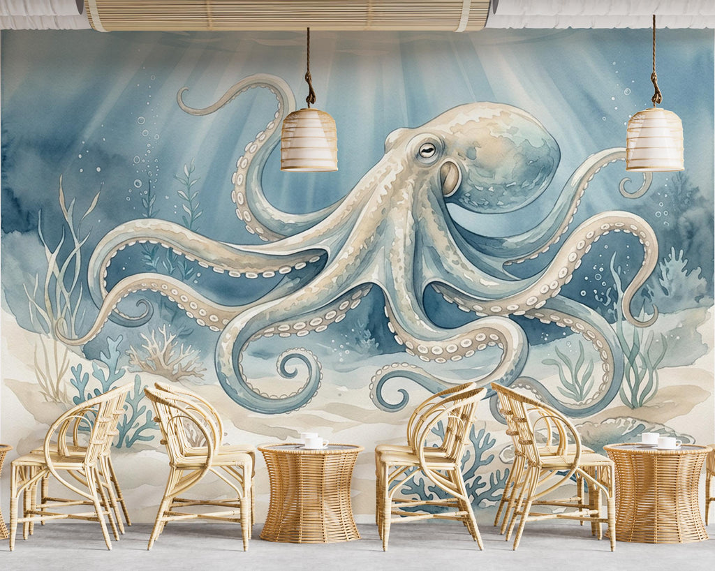 Octopus Fish Restaurant Watercolor Wall Mural – Octopus wall decor Oceal wall decal, Restaurant wall art Kids Room or Nursery 893RS