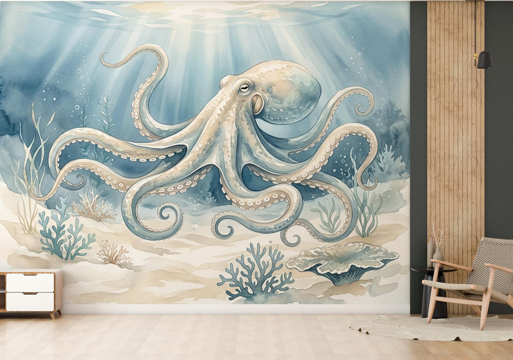 Octopus Fish Restaurant Watercolor Wall Mural – Octopus wall decor Oceal wall decal, Restaurant wall art Kids Room or Nursery 893RS