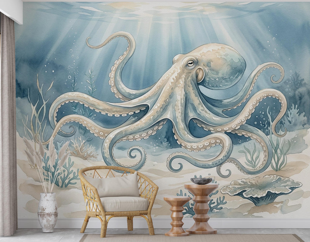 Octopus Fish Restaurant Watercolor Wall Mural – Octopus wall decor Oceal wall decal, Restaurant wall art Kids Room or Nursery 893RS
