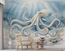 Load image into Gallery viewer, Octopus Fish Restaurant Watercolor Wall Mural – Octopus wall decor Oceal wall decal, Restaurant wall art Kids Room or Nursery 893RS