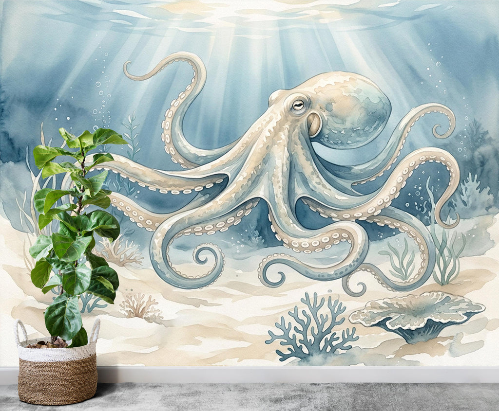 Octopus Fish Restaurant Watercolor Wall Mural – Octopus wall decor Oceal wall decal, Restaurant wall art Kids Room or Nursery 893RS