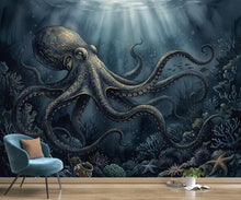Load image into Gallery viewer, Dark Octopus Fish Restaurant Watercolor Wall Mural – Octopus wall decor Oceal wall decal, Restaurant wall art Kids Room or Nursery
