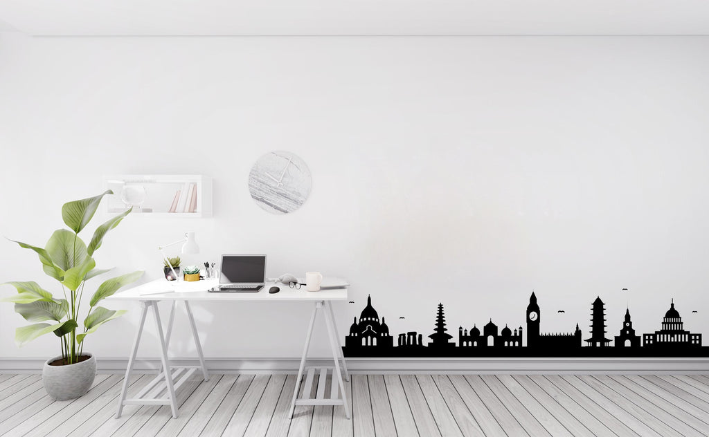 World Landmarks Skyline Wall Decal, Travel Agency Wall Decor, Travel World Cities Wall Sticker, Silhouette Border Office Wall Sticker 767LU