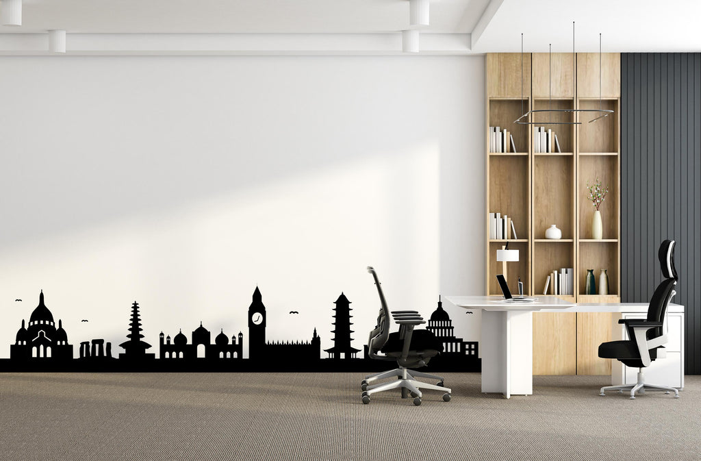 World Landmarks Skyline Wall Decal, Travel Agency Wall Decor, Travel World Cities Wall Sticker, Silhouette Border Office Wall Sticker 767LU
