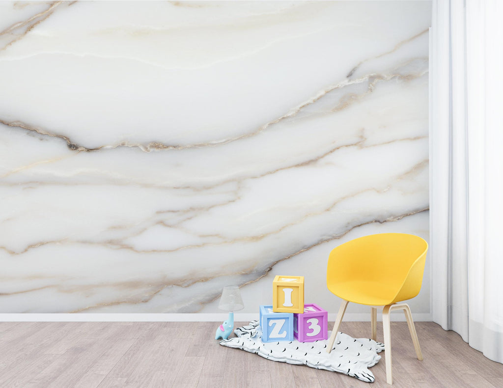Luxury White Marble Wall Mural – Soft Gray Beige Veining – Elegant Large Scale Stone Effect – Timeless Neutral Statement
