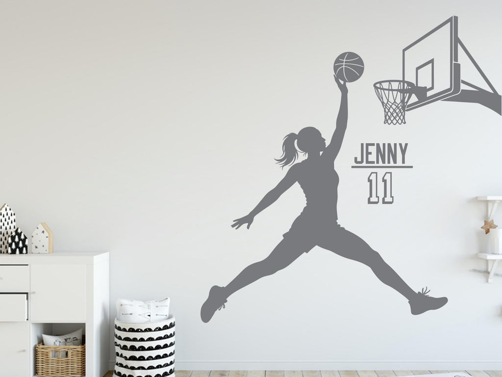 Basketball Girl Wall Decal, Custom Name Wall sticker, Personalized gifts Basket art Kids room Decor