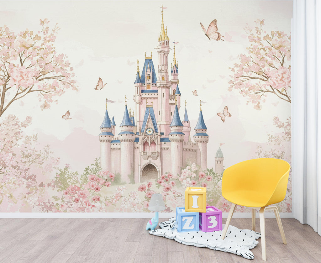 Luxury Fairytale Castle Wallpaper – Feminine Pastel Princess Wall Mural, Watercolor Medieval Castle, Blush & Cream