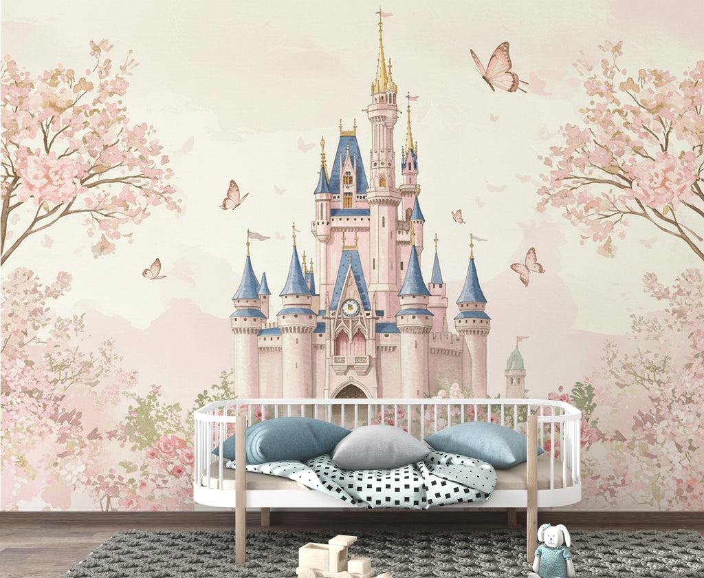 Luxury Fairytale Castle Wallpaper – Feminine Pastel Princess Wall Mural, Watercolor Medieval Castle, Blush & Cream