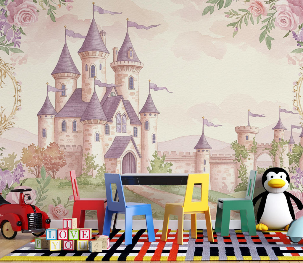 Luxury Fairytale Castle Wallpaper – Princess Wall Mural, Pastel Watercolor Castle