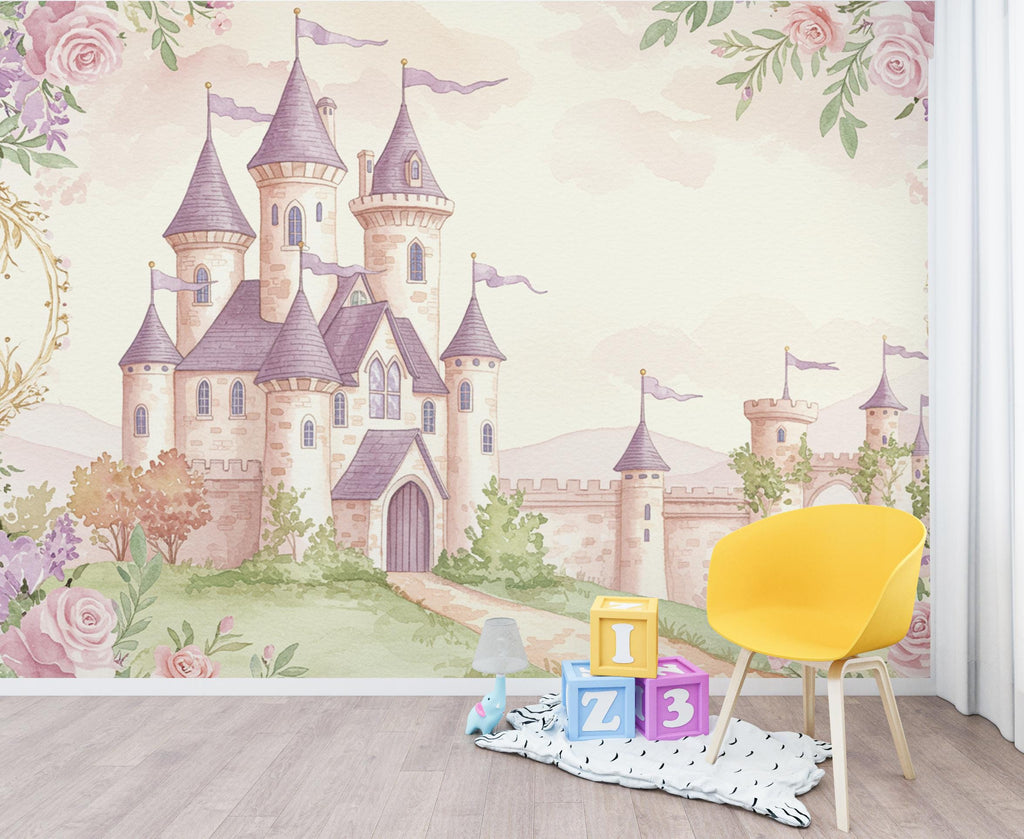Luxury Fairytale Castle Wallpaper – Princess Wall Mural, Pastel Watercolor Castle