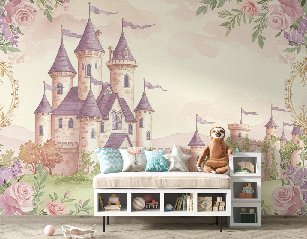 Luxury Fairytale Castle Wallpaper – Princess Wall Mural, Pastel Watercolor Castle