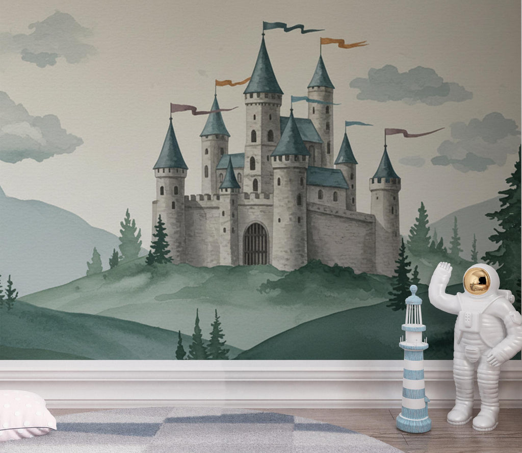 Castle Wallpaper Mural for Boys Room – Fairytale Stone Castle, Watercolor Storybook Wall Decor
