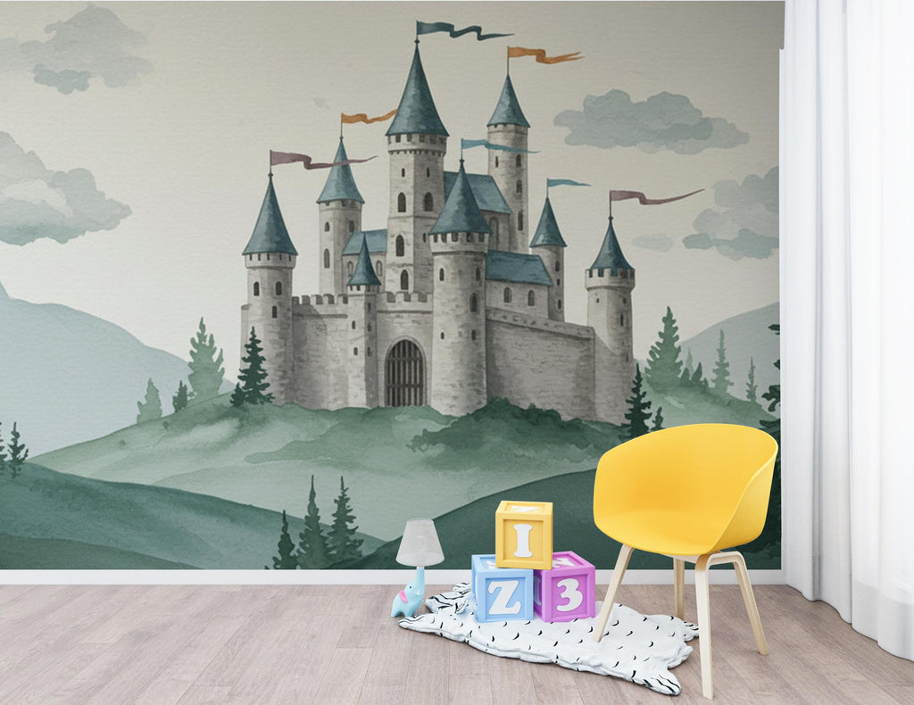 Castle Wallpaper Mural for Boys Room – Fairytale Stone Castle, Watercolor Storybook Wall Decor