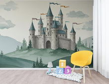 Load image into Gallery viewer, Castle Wallpaper Mural for Boys Room – Fairytale Stone Castle, Watercolor Storybook Wall Decor