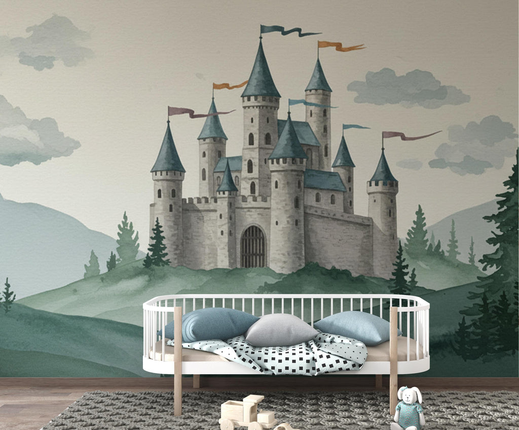 Castle Wallpaper Mural for Boys Room – Fairytale Stone Castle, Watercolor Storybook Wall Decor
