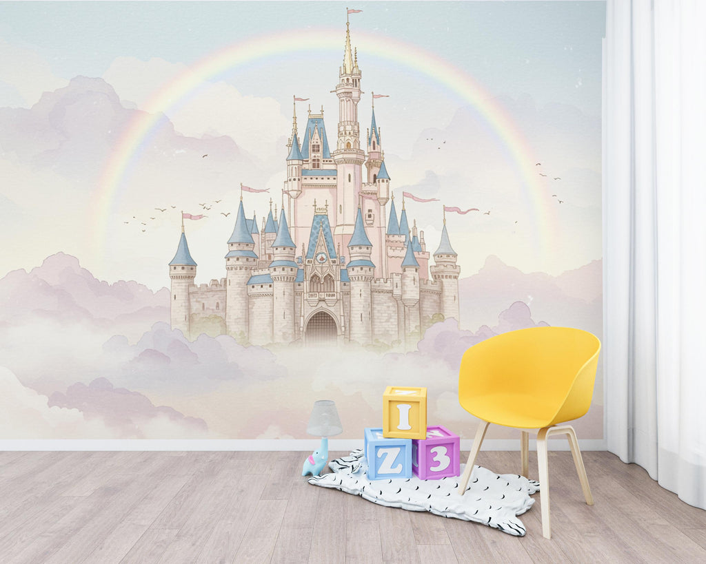 Rainbow Fairytale Castle Wallpaper – Princess Wall Mural, Watercolor Medieval Castle Peel and Stick