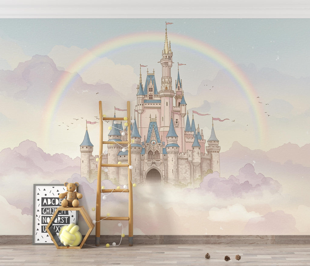Rainbow Fairytale Castle Wallpaper – Princess Wall Mural, Watercolor Medieval Castle Peel and Stick