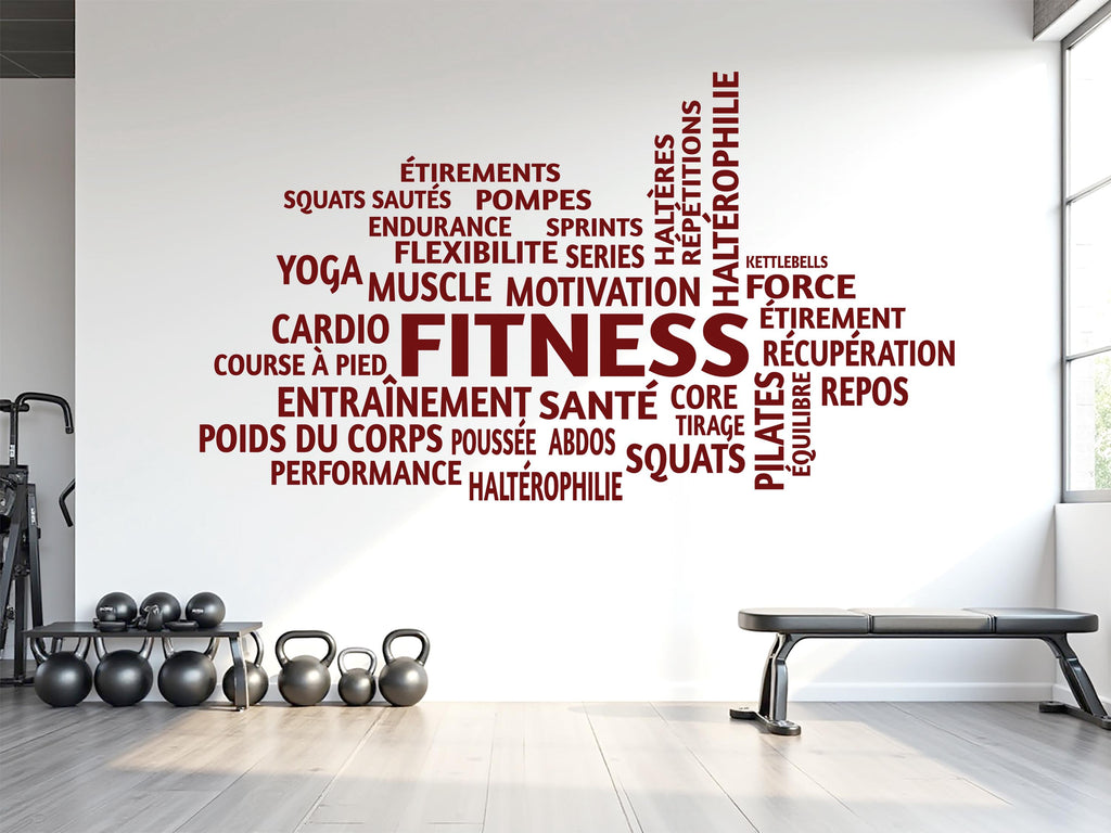 French Fitness Word Cloud Wall Decal | Gym Motivation Wall Sticker | Workout Vinyl Wall Art | Home Gym Decor | Fitness Wall Decal 791LU