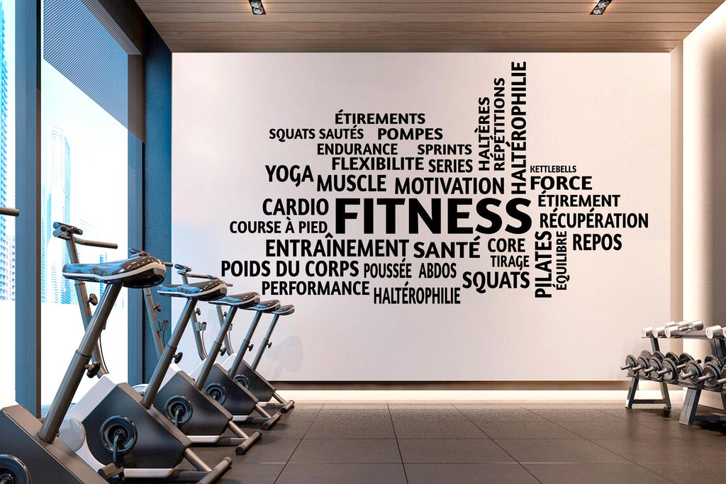 French Fitness Word Cloud Wall Decal | Gym Motivation Wall Sticker | Workout Vinyl Wall Art | Home Gym Decor | Fitness Wall Decal 791LU