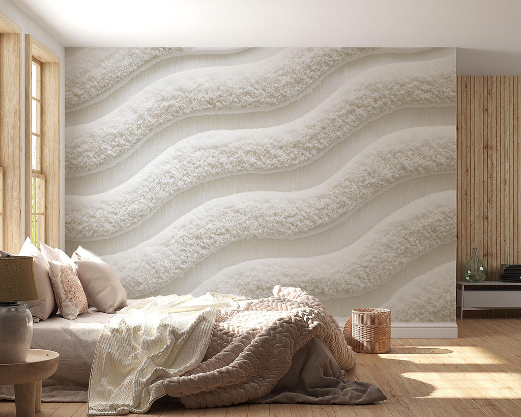 Luxury Textured Wave Wallpaper Wall Decal Cream 3D Plush Effect Accent Wall Mural Neutral Modern Bedroom Decor Soft Sculpted Wall Sticker