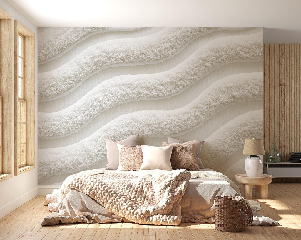 Luxury Textured Wave Wallpaper Wall Decal Cream 3D Plush Effect Accent Wall Mural Neutral Modern Bedroom Decor Soft Sculpted Wall Sticker