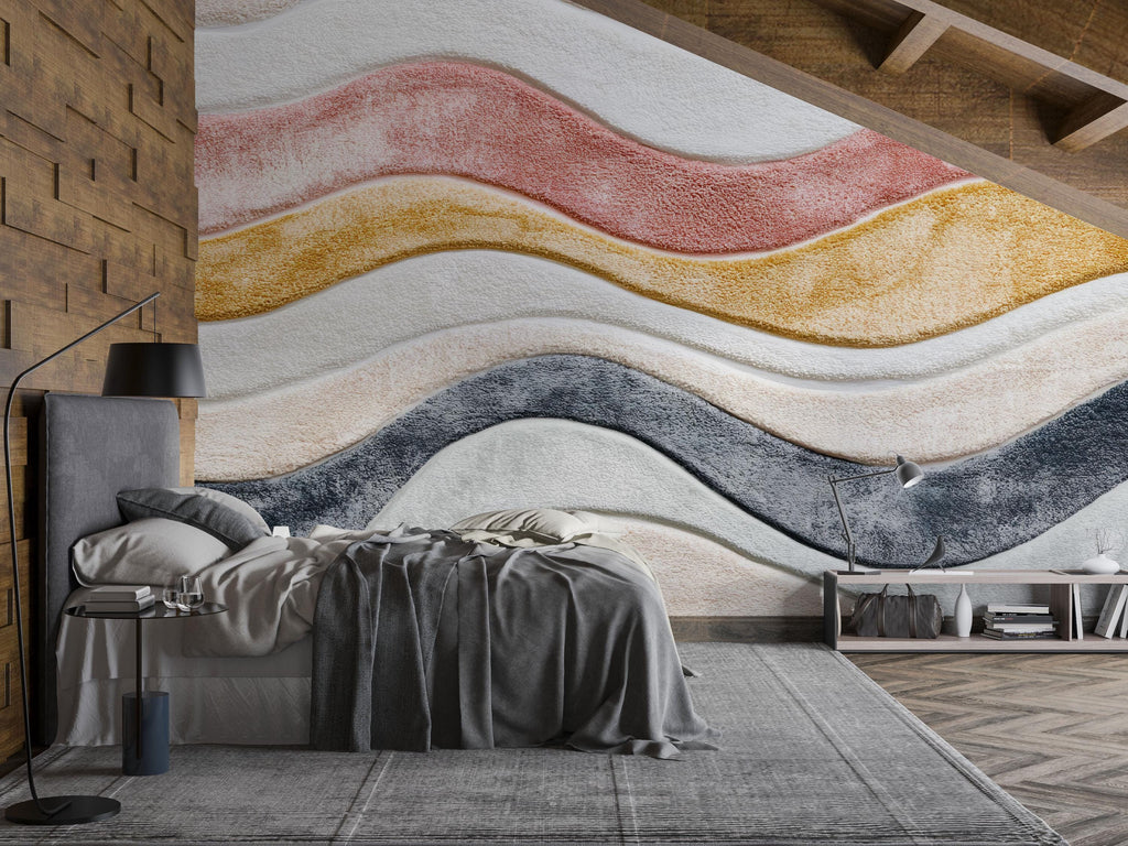 Colorful Textured Wave Wallpaper Wall Decal 3D Plush Effect Mural Neutral Boho Accent Wall Art Modern Bedroom Decor Soft Sculpted Wallpaper