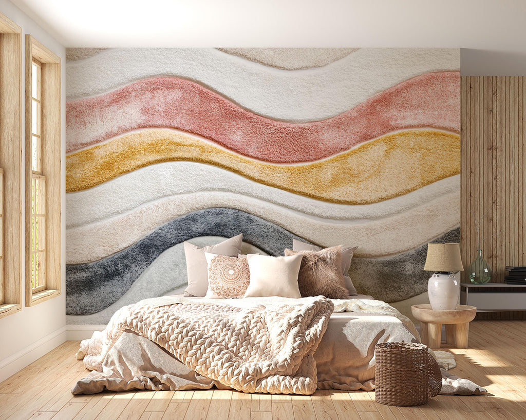 Colorful Textured Wave Wallpaper Wall Decal 3D Plush Effect Mural Neutral Boho Accent Wall Art Modern Bedroom Decor Soft Sculpted Wallpaper