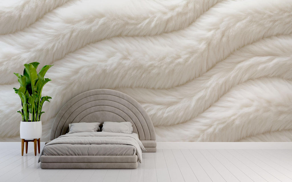 Luxury Faux Fur Wave Wallpaper Wall Decal 3D Textured Cream Mural Plush Accent Wall Neutral Bedroom Decor Modern Soft Statement Wallpaper