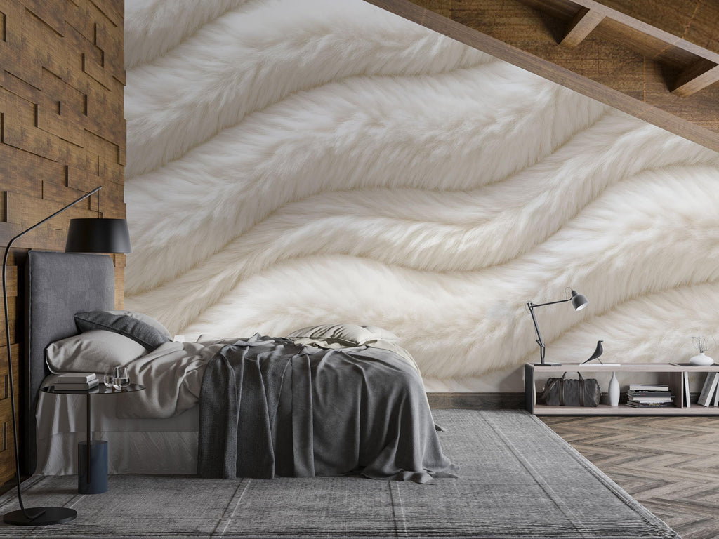 Luxury Faux Fur Wave Wallpaper Wall Decal 3D Textured Cream Mural Plush Accent Wall Neutral Bedroom Decor Modern Soft Statement Wallpaper