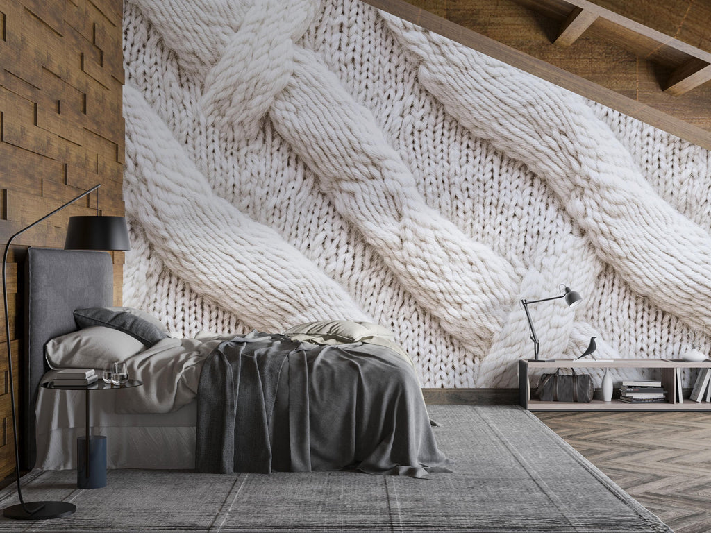 Chunky Knit Wallpaper Wall Decal 3D Cable Knit Texture Mural Cozy Neutral Bedroom Accent Wall Scandinavian Modern Soft Sweater Wallpaper