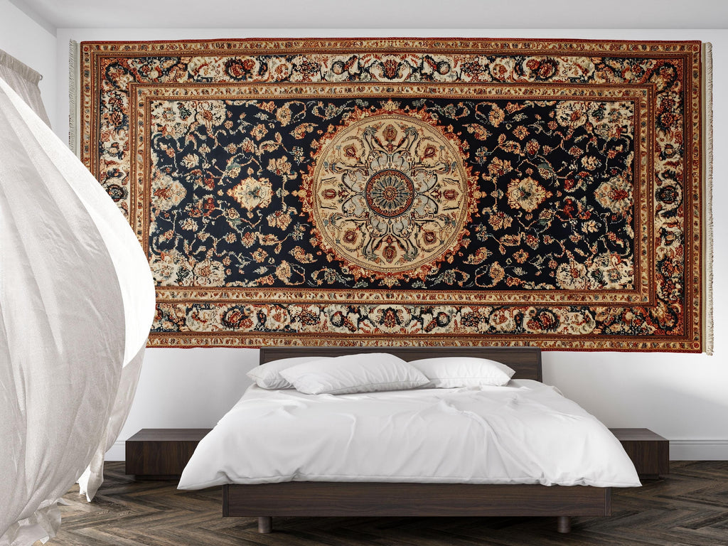 Persian Rug Wallpaper Wall Decal Vintage Oriental Carpet Mural Navy Boho Bedroom Accent Wall Art Traditional Medallion Statement Wallpaper