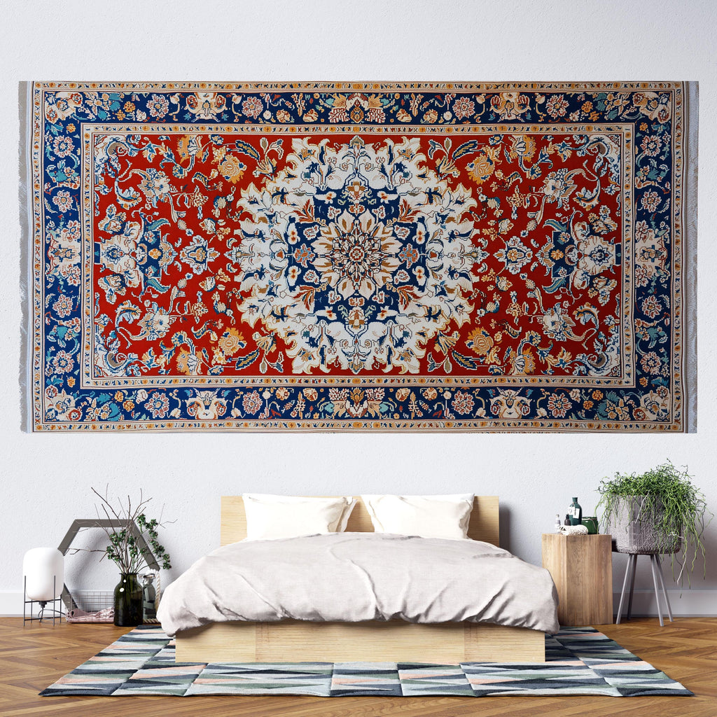 Red Persian Rug Wallpaper Wall Decal Oriental Medallion Mural Boho Vintage Accent Wall Art Traditional Carpet Bedroom Statement Wallpaper