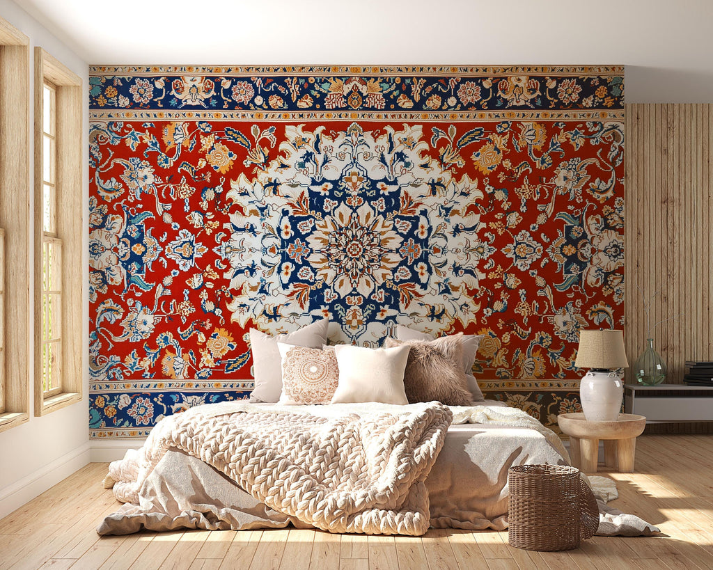 Red Persian Rug Wallpaper Wall Decal Oriental Medallion Mural Boho Vintage Accent Wall Art Traditional Carpet Bedroom Statement Wallpaper