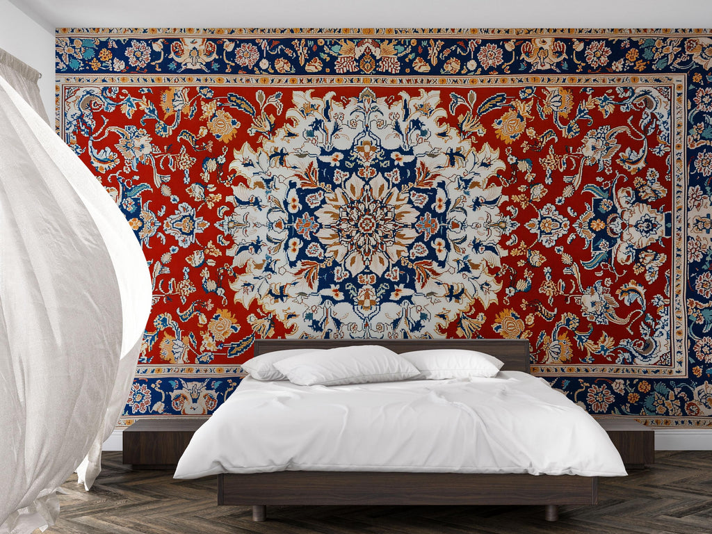 Red Persian Rug Wallpaper Wall Decal Oriental Medallion Mural Boho Vintage Accent Wall Art Traditional Carpet Bedroom Statement Wallpaper