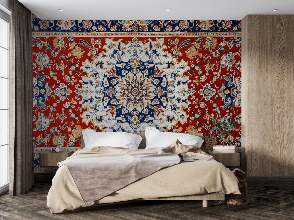 Red Persian Rug Wallpaper Wall Decal Oriental Medallion Mural Boho Vintage Accent Wall Art Traditional Carpet Bedroom Statement Wallpaper